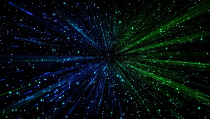 Fototapeta premium Abstract digital explosion of blue and green light streaks emanating from a central point against a dark background with tiny illuminated particles