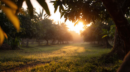 Fototapeta premium Serene Tropical Orchard at Sunrise with Lush Mango Trees and Sunlit Pathway