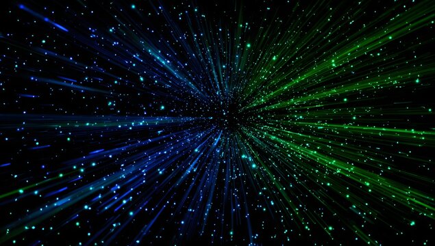 Abstract digital explosion of blue and green light streaks emanating from a central point against a dark background with tiny illuminated particles - Powered by Adobe