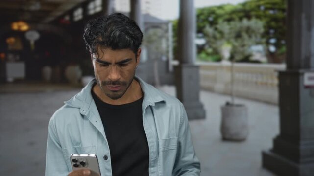 Man covering his face with a white mask while checking a smartphone in a building; anonymity deception.