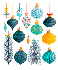 Colorful Holiday Ornaments | Festive Christmas Baubles | Artistic Winter Decorations | Bright Seasonal Ornament Set | Hand-Painted Holiday Decor | Cheerful Christmas Illustration