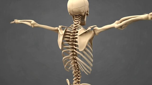 Human skeleton with arms outstretched against a plain background.