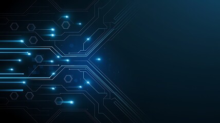 Abstract Blue Digital Circuitry with Glowing Hexagons and Lights
