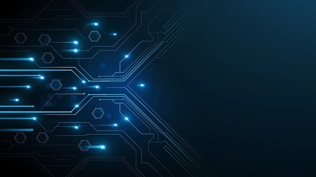Abstract Blue Digital Circuitry with Glowing Hexagons and Lights
