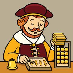 Renaissance banker skillfully counting gold florins using an abacus and tools on a table