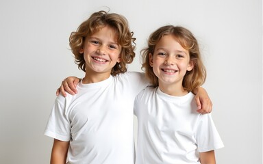 Little children wearing white t-shirts stand together, smile, hug each other, smiling 3 or 5 years old kids, photo for apparel mock-up. High quality