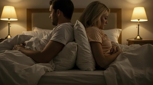 Sad Couple Back to Back in Bed with White Sheets Under Lamp Light with beige Walls Depicting Relationship Problems and Marital Conflict At Night