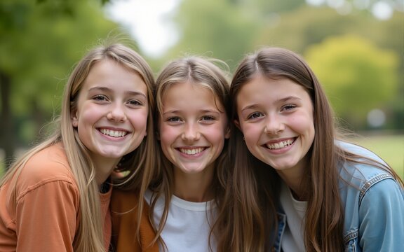 Close up of pre-teen friends in a park smiling to camera. High quality