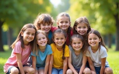 Kids having fun outdoors in summer. Group portrait of happy little school children in the park. Bunch of cheerful friends posing for a group photo, hugging, looking at the camera and smiling