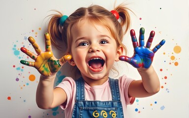 funny child girl draws laughing shows hands dirty with paint. High quality
