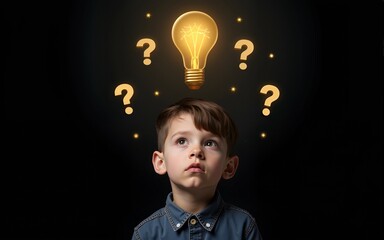 Thinking child boy on black background with light bulb and question marks. Brainstorming and idea concept. High quality