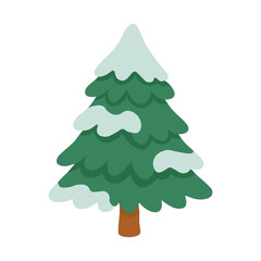 Fototapeta premium Green fir tree with snow on branches, soft flat winter illustration on white background.