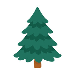 Simple dark green fir tree in soft flat style, minimal winter illustration on white background.