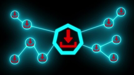 Neon bright download animation. Software download icon on black background. Animation of network of connections with icons and data processing over, Technology, Social network . - Powered by Adobe