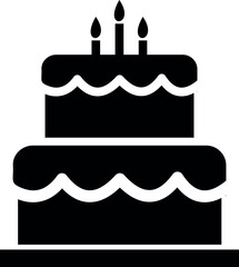 Black and white silhouette of a two tier birthday cake with candles on a white background