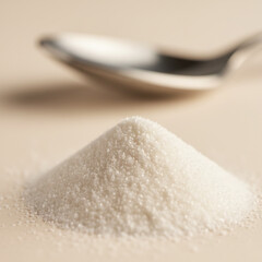 A Perfect Pile of White Sugar and Spoon on a Soft Background