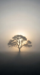 Fototapeta premium A solitary tree stands silhouetted against the rising sun, shrouded in a mystical morning mist.