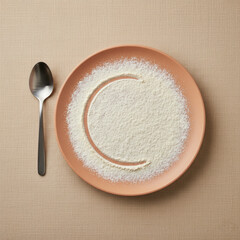White Flour on Plate and Spoon, Isolated on Beige Background