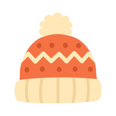 Orange and beige knitted winter hat with pompom in soft flat style on white background.