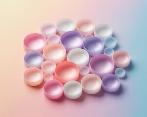 A vibrant cluster of iridescent translucent spheres in pastel pink purple and blue hues artfully arranged on a gradient background
