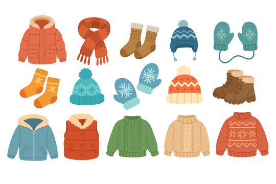 Set of cozy winter clothes in soft flat style, sweaters, mittens, socks, hats, and boots.