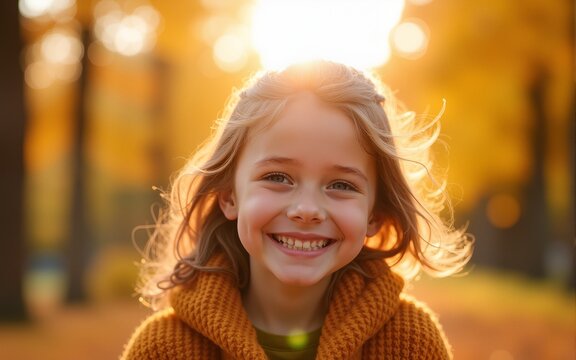 a smiling children enjoys the golden autumn colors. High quality