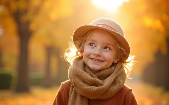 a smiling children enjoys the golden autumn colors. High quality