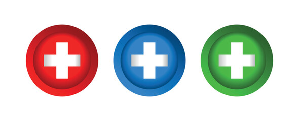 Obraz premium Glossy Medical First Aid Cross Icon. Red, Blue and Green Emergency Health Buttons