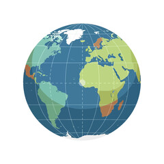 Fototapeta premium Globe illustration showing continents and oceans with a grid on a white background.