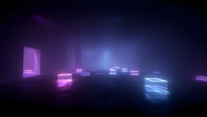 Abstract digital art featuring glowing geometric shapes in a dark atmospheric environment with vibrant neon illumination