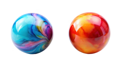 Two vibrant glass marbles isolated on transparent background, a colorful duo