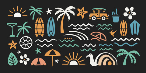 Colorful hand drawn summer vacation icons and symbols on black background © Barsha