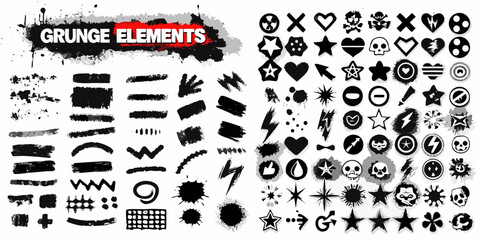 Obraz premium Collection of black grunge elements and icons with splatter and brush strokes