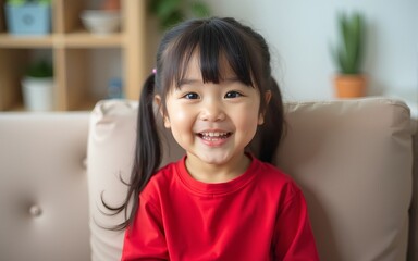 Asian children cute or kid girl happy fun and smile with wear red shirt on sofa at preschool or nursery and child hospital with space. High quality