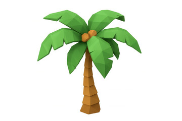 Low poly palm tree with coconuts in a stylized digital art rendering, featuring a transparent background