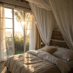 Cozy Bedroom with Scenic Sunrise View: Natural Light, Elegant Bed, and Inviting Atmosphere for Relaxation and Calm - Home Interior Photography