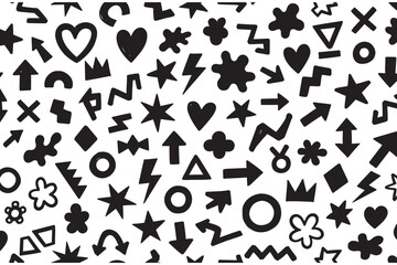 Hand drawn doodle icons pattern seamlessly repeating chaotic fun symbols shapes arrows hearts stars vector