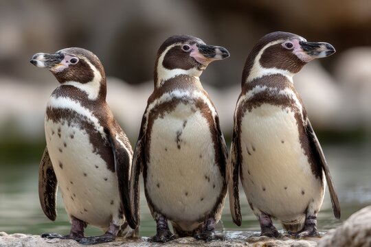 Three Humboldt penguins standing side by side near water in a natural habitat setting during a sunny day