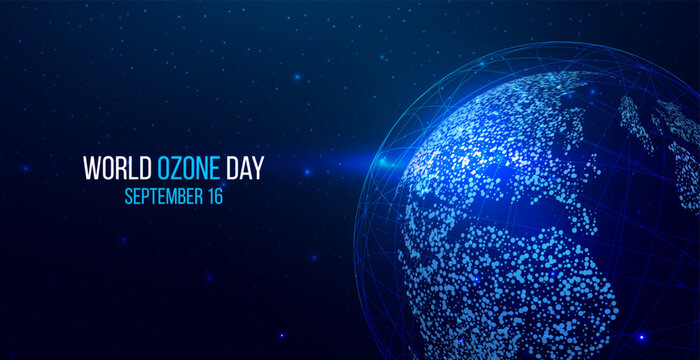World ozone day banner. Futuristic map of the planet. Abstract background with glowing planet Earth. Vector illustration.