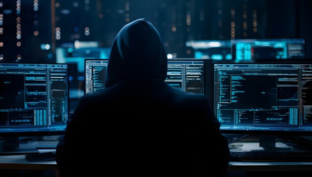 Anonymous individual in a hooded sweatshirt silhouetted against multiple glowing computer screens displaying complex code and data