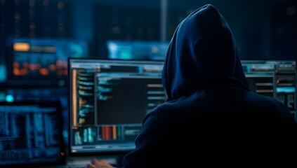 Anonymous individual in a hooded sweatshirt silhouetted against multiple glowing computer screens displaying complex code and data