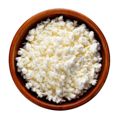Cottage cheese, curd in wooden bowl, top view isolated on transparent background.
