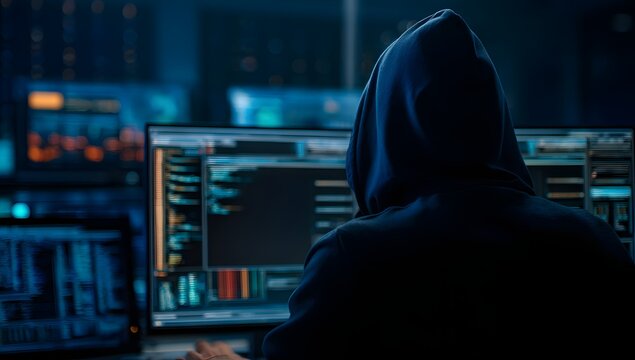 Anonymous individual in a hooded sweatshirt silhouetted against multiple glowing computer screens displaying complex code and data