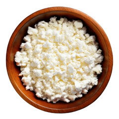 Cottage cheese, curd in wooden bowl, top view isolated on transparent background