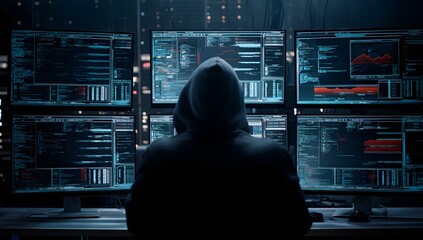 Anonymous individual in a hooded sweatshirt silhouetted against multiple glowing computer screens displaying complex code and data