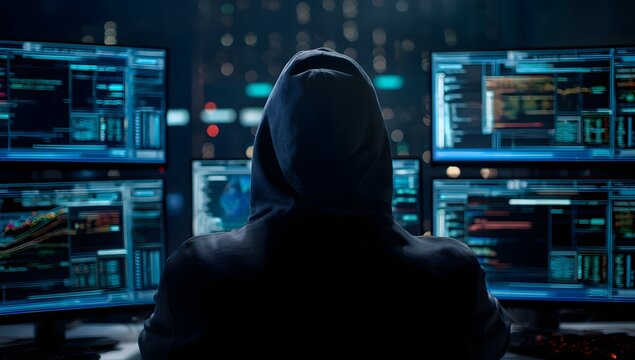 Anonymous individual in a hooded sweatshirt silhouetted against multiple glowing computer screens displaying complex code and data