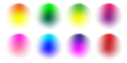 Set color circle gradient noise gradation. Abstract colorful watercolor blur mesh shape on white background. Gradient aura, grain neon blob with noise effect vector illustration.