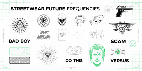 Streetwear future frequencies collection of icons and graphics for apparel design