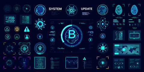 Futuristic digital interface with glowing blue and teal elements displaying data and system updates © Barsha