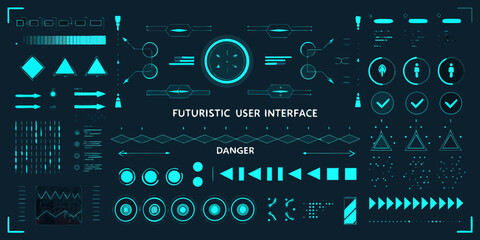 Futuristic user interface elements and icons for digital displays and technology applications